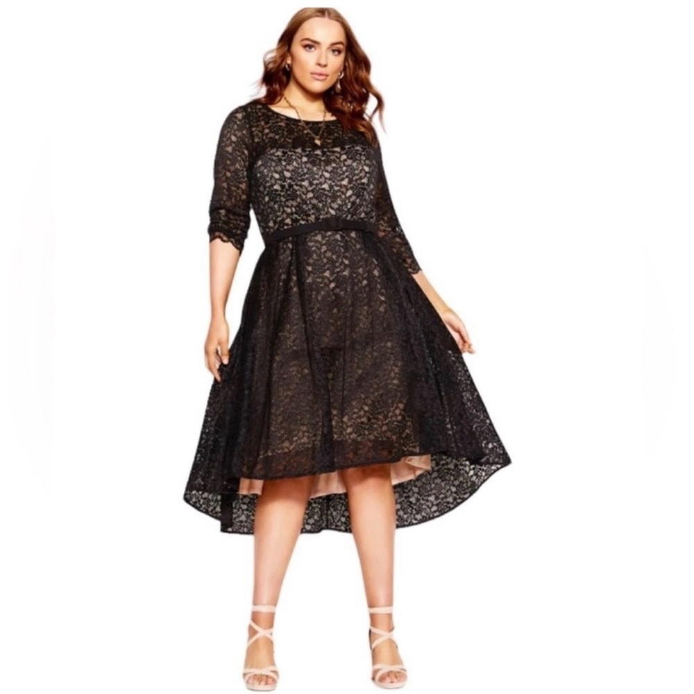 City Chic NWT Black Lace High Low Dress w/ Belt 16W
